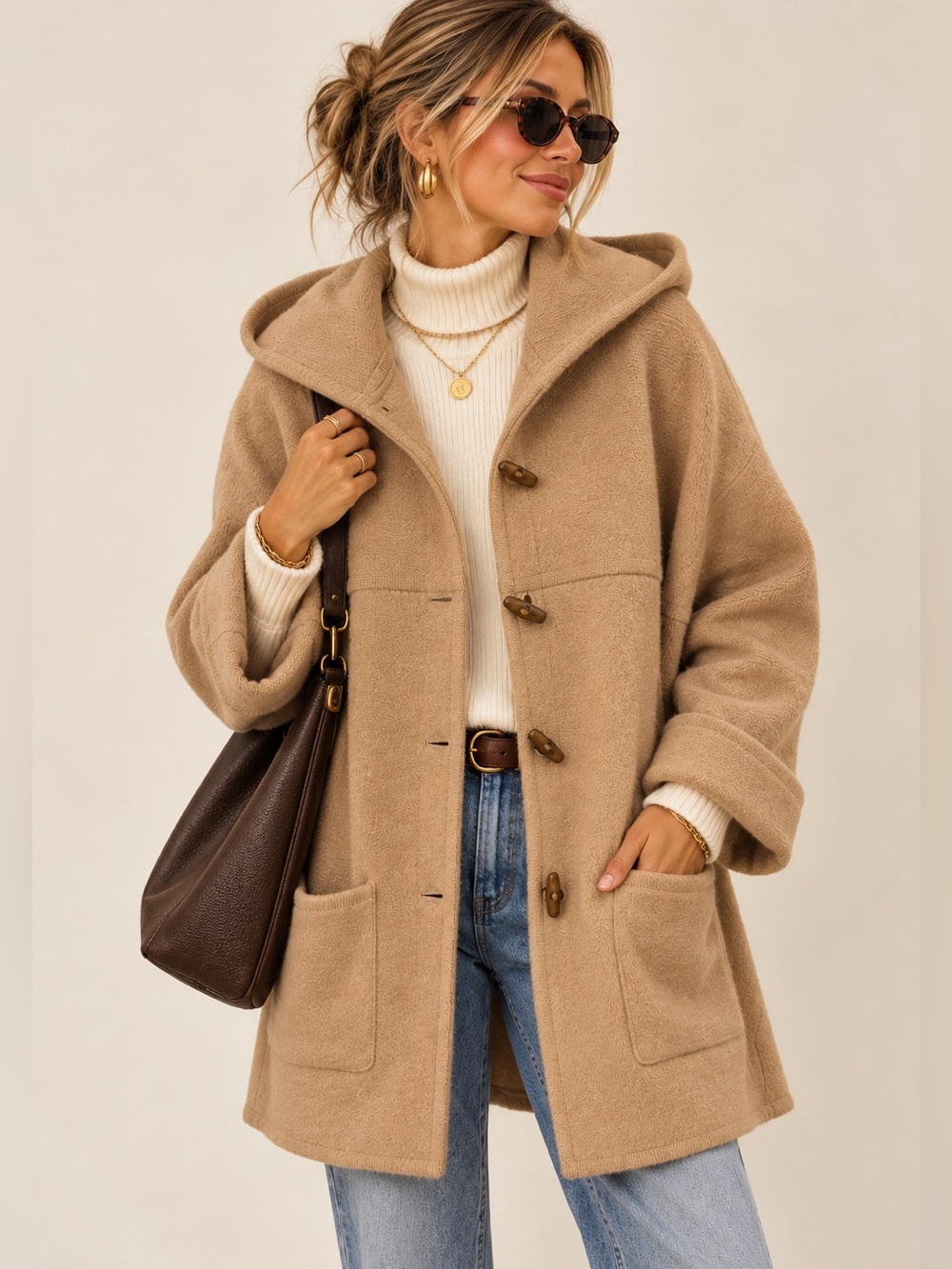 Vintage 90s Camel 100% Wool Hooded Toggle Sweater Coat Old Money Quiet Luxury